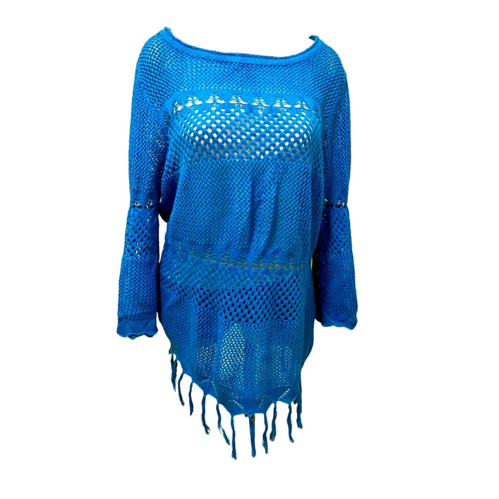 Joseph A Women's Blue Mesh Knit Top Size XL New Boho Peasant Fringed Turquoise